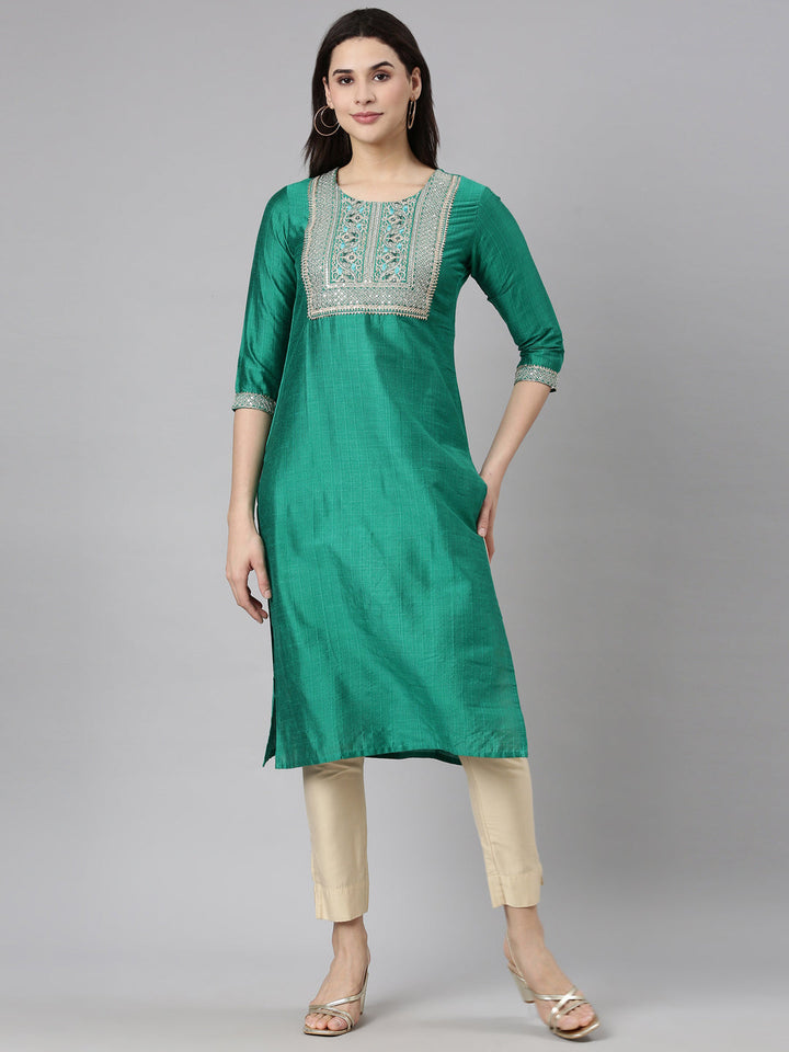 Neerus Green solid straight kurti by Neerus - front view