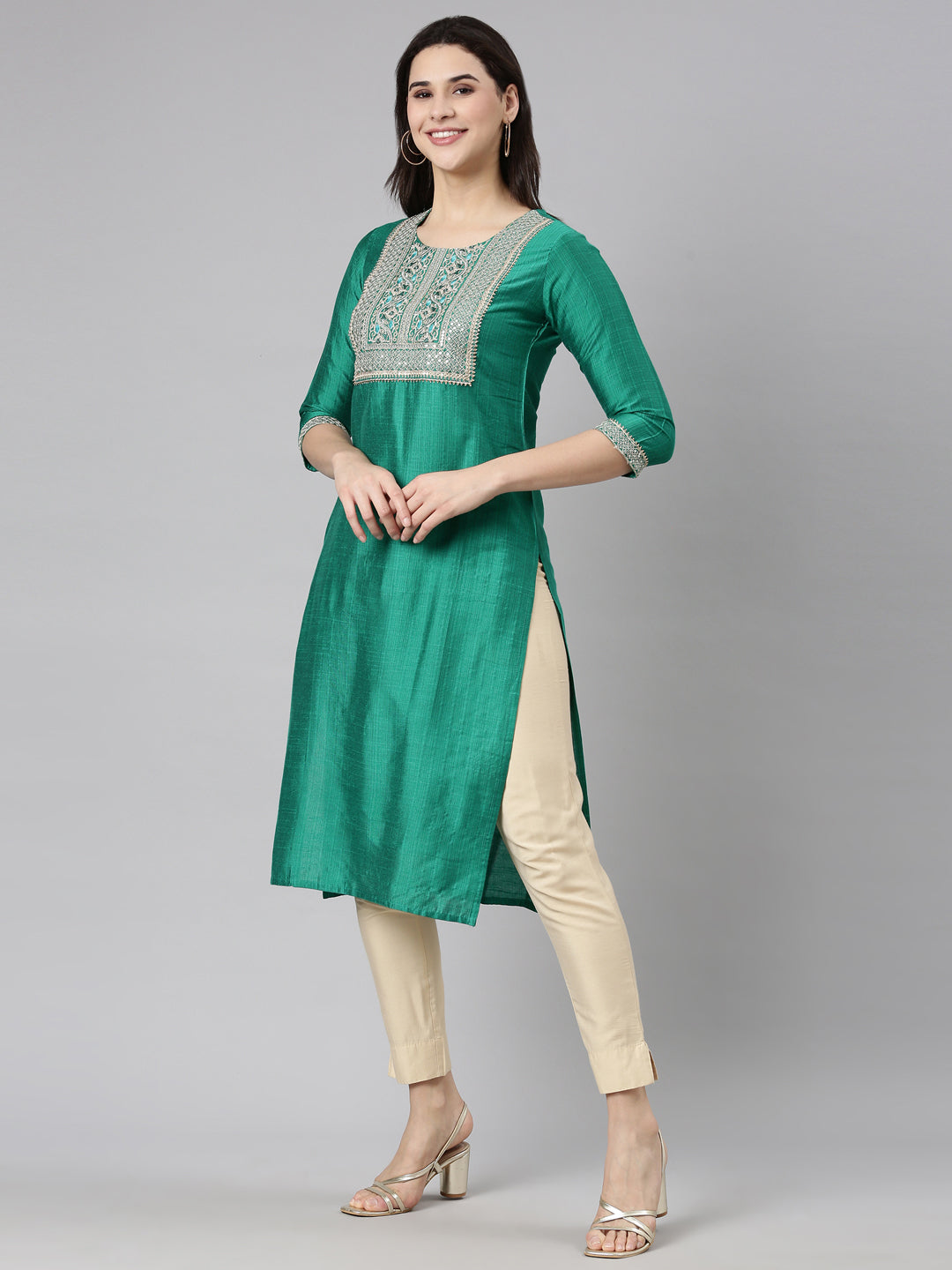 Neerus Green solid straight kurti by Neerus - back view