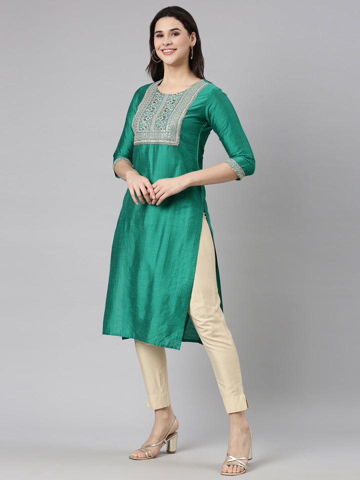Neerus Green solid straight kurti by Neerus - back view