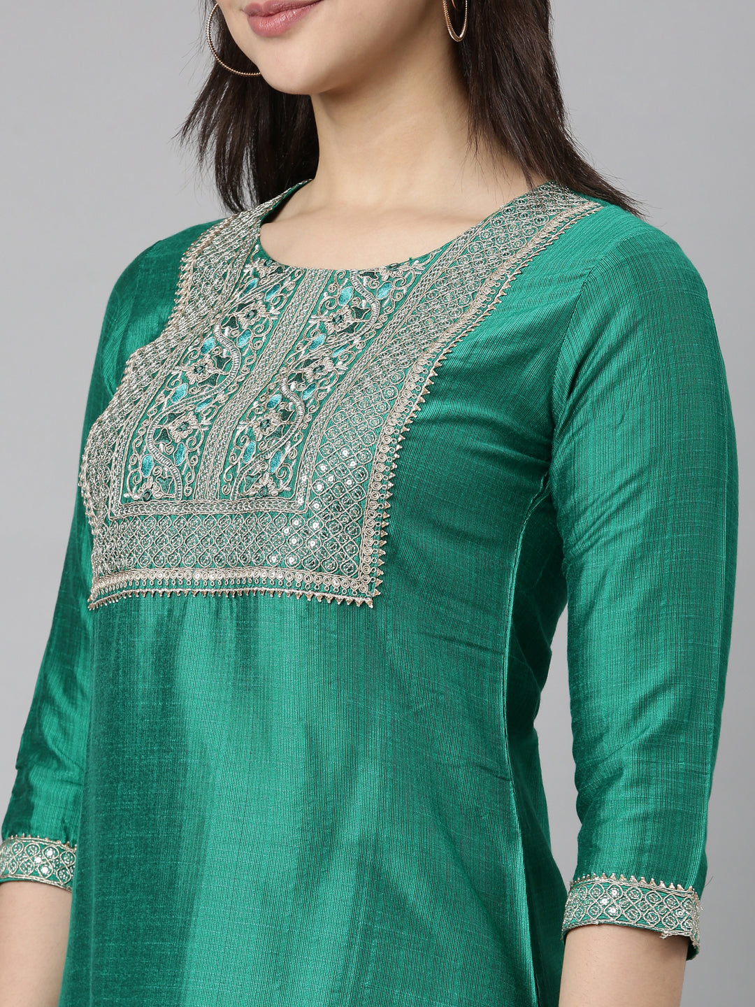 Neerus Green solid straight kurti by Neerus - detail view 1