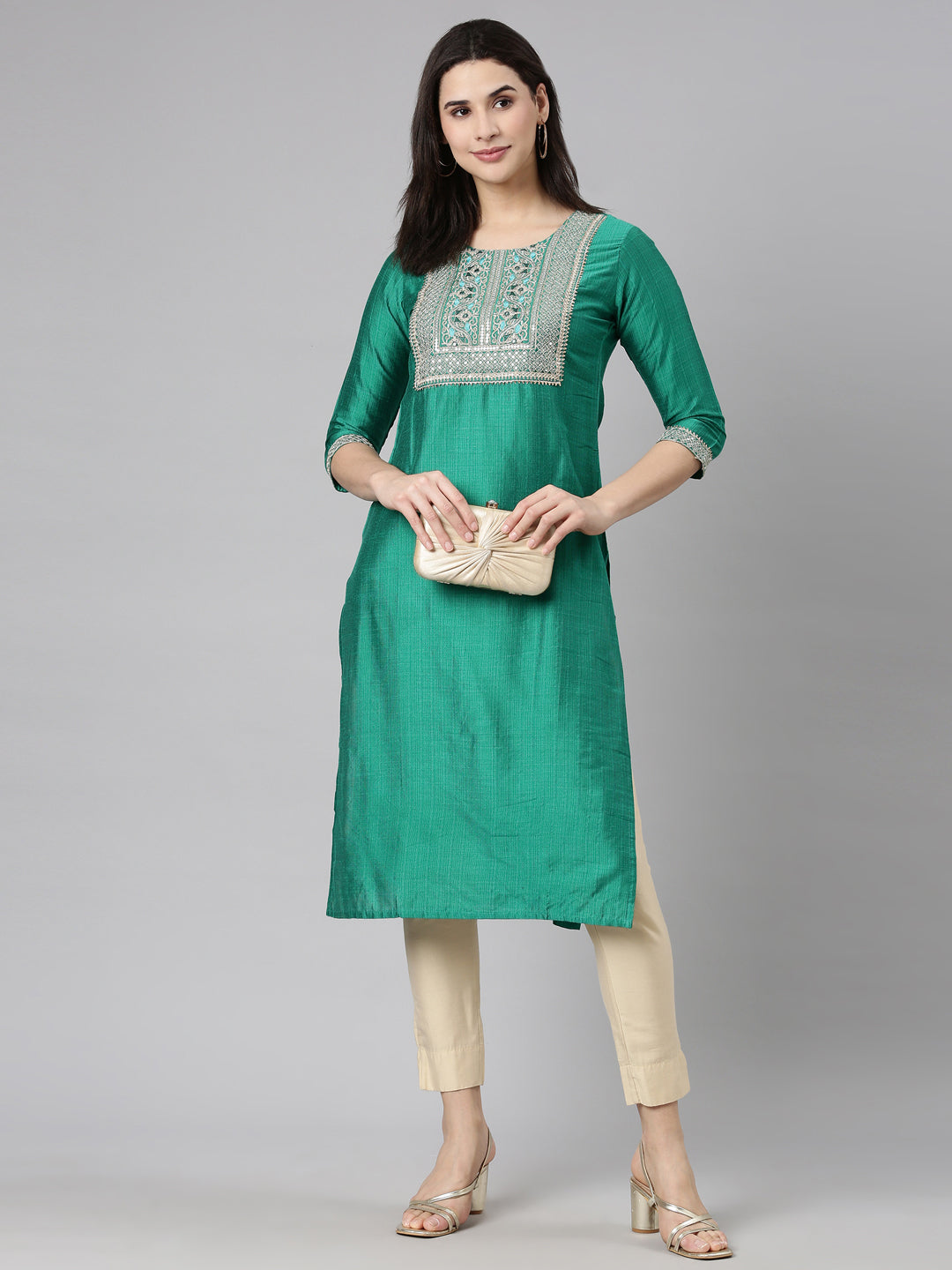 Neerus Green solid straight kurti by Neerus - detail view 2
