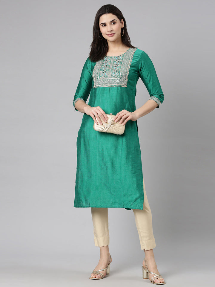 Neerus Green solid straight kurti by Neerus - detail view 2