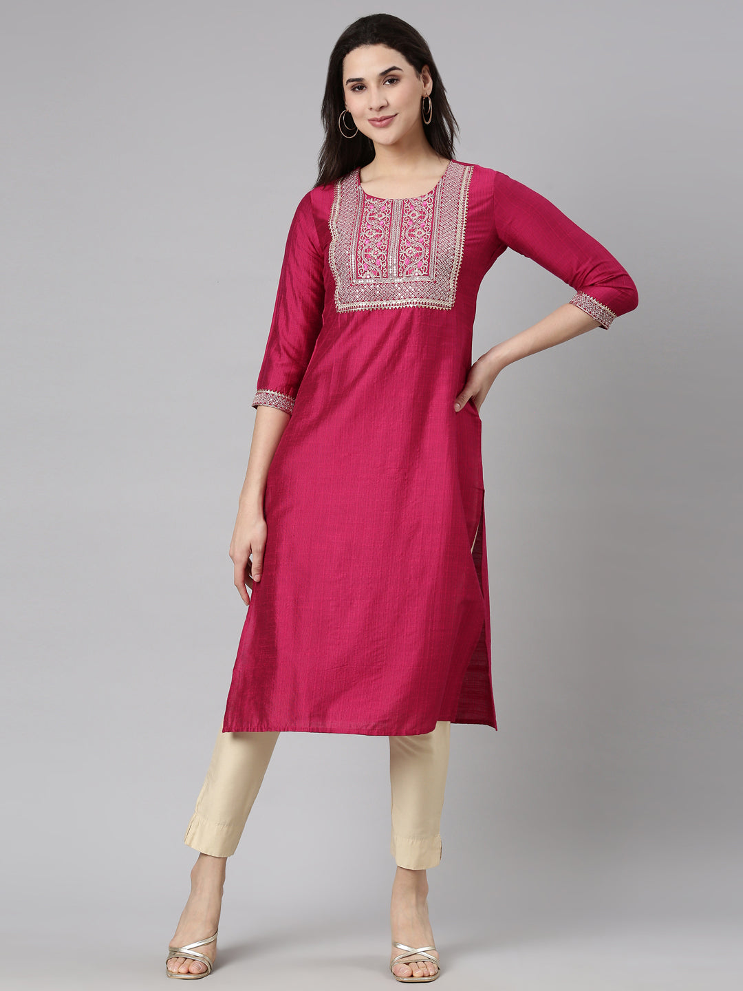 Neerus Pink solid straight kurti - front view