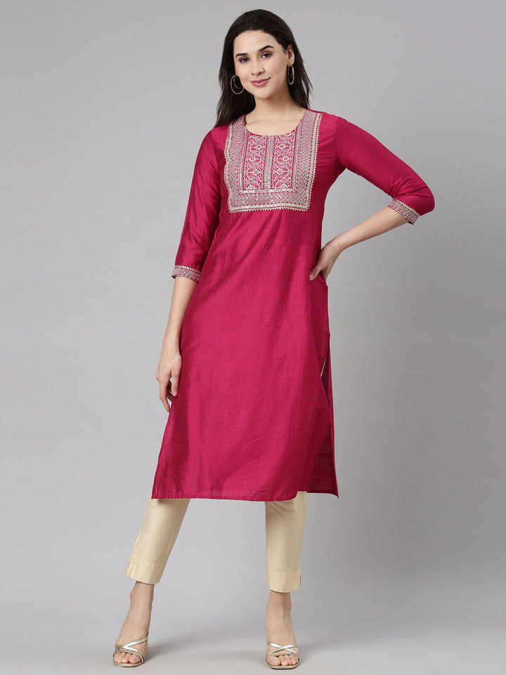 Neerus Pink solid straight kurti - front view