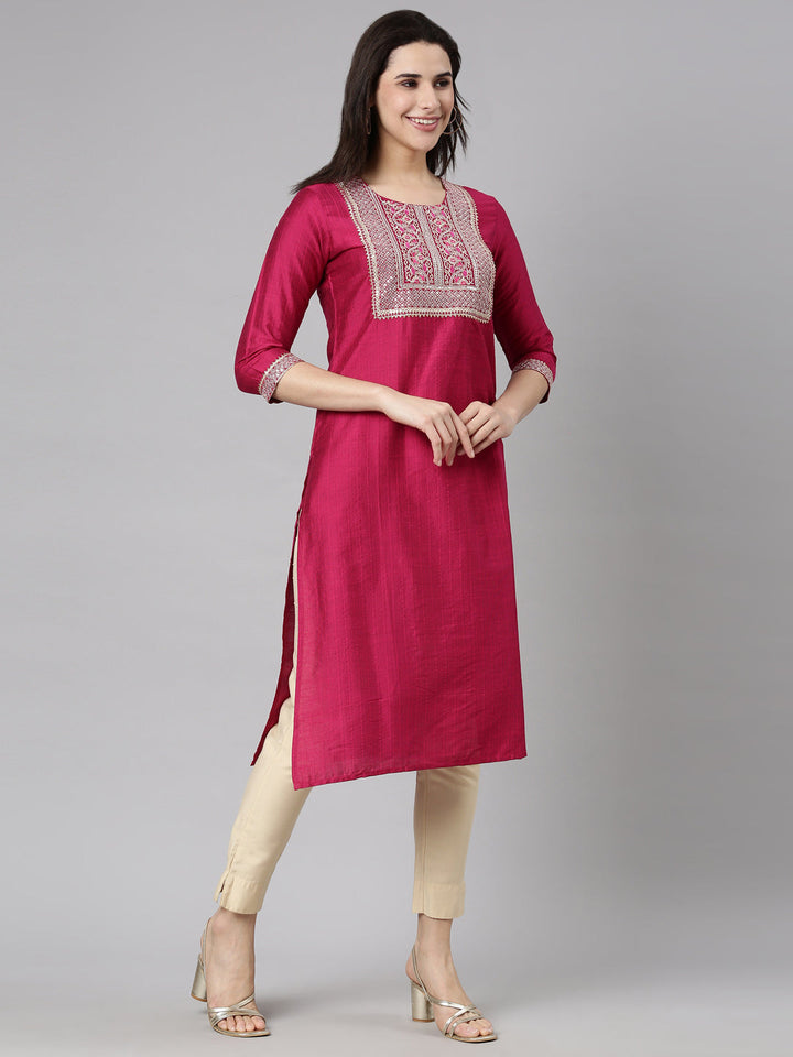 Neerus Pink solid straight kurti - back view