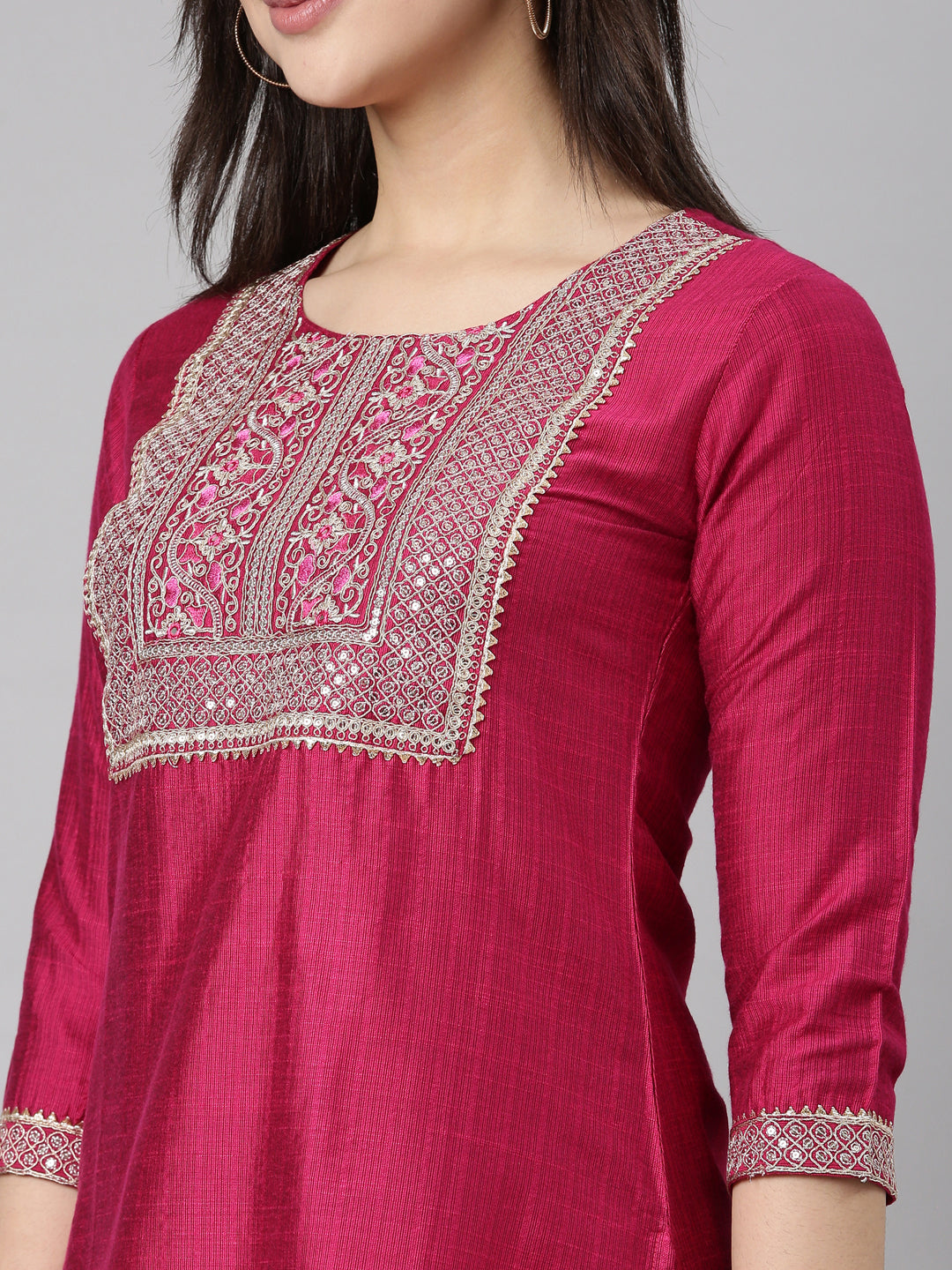 Neerus Pink solid straight kurti - detail view 1