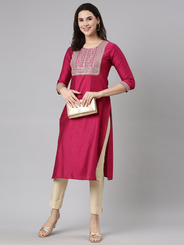 Neerus Pink solid straight kurti - detail view 2