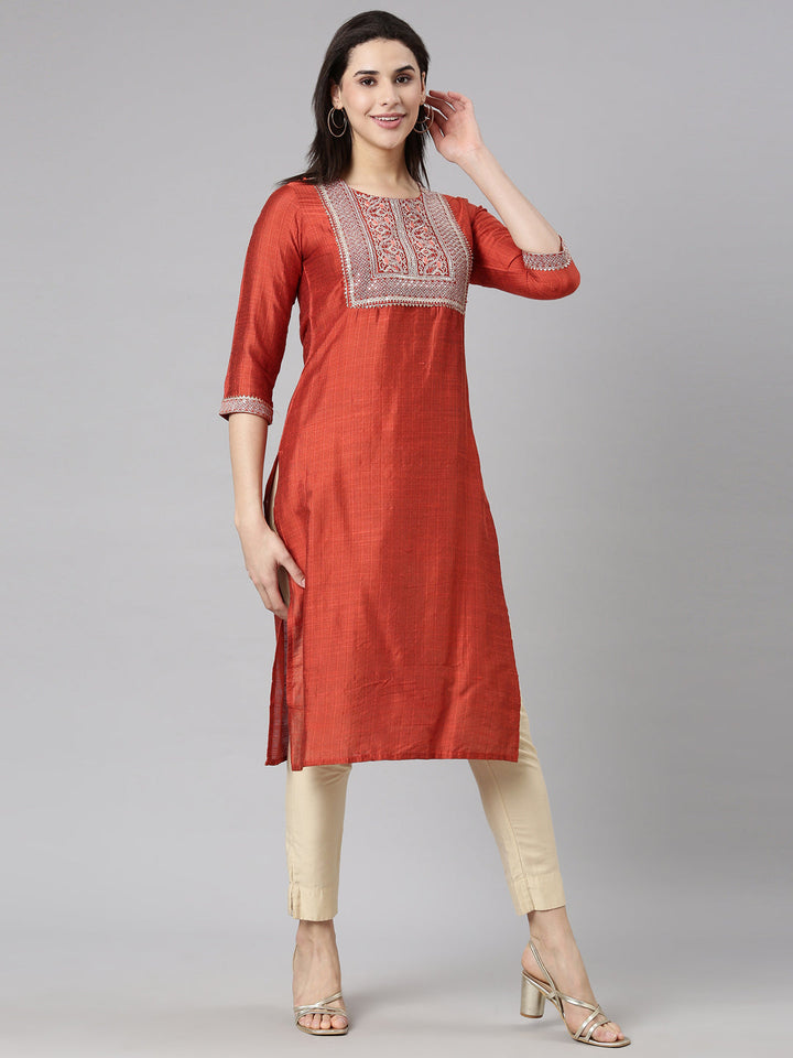 Neerus Orange solid straight kurti - back view