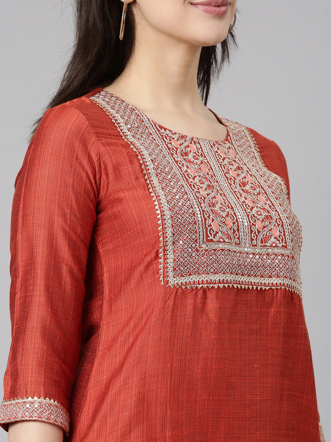 Neerus Orange solid straight kurti - detail view 1