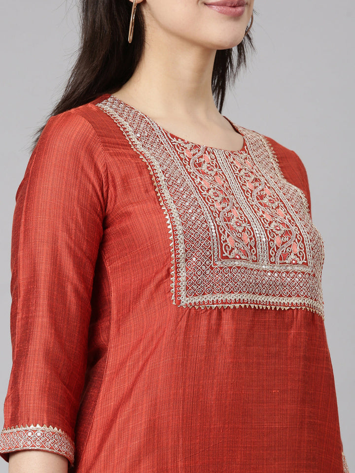 Neerus Orange solid straight kurti - detail view 1