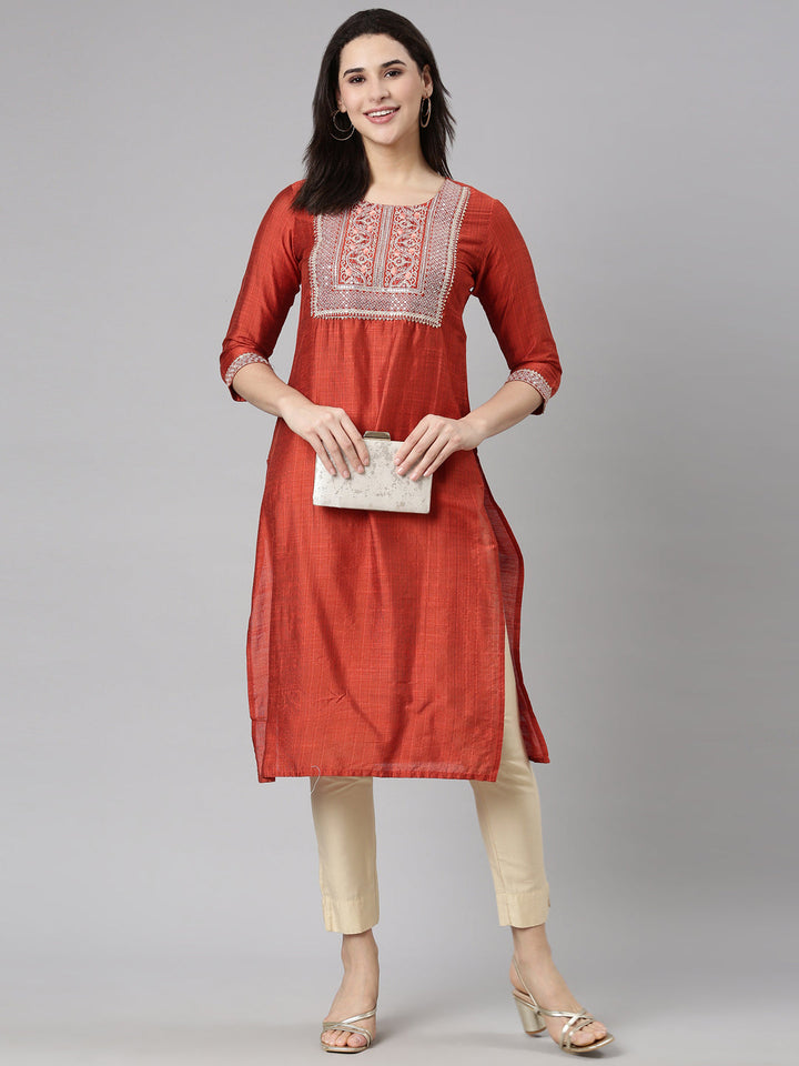 Neerus Orange solid straight kurti - detail view 2