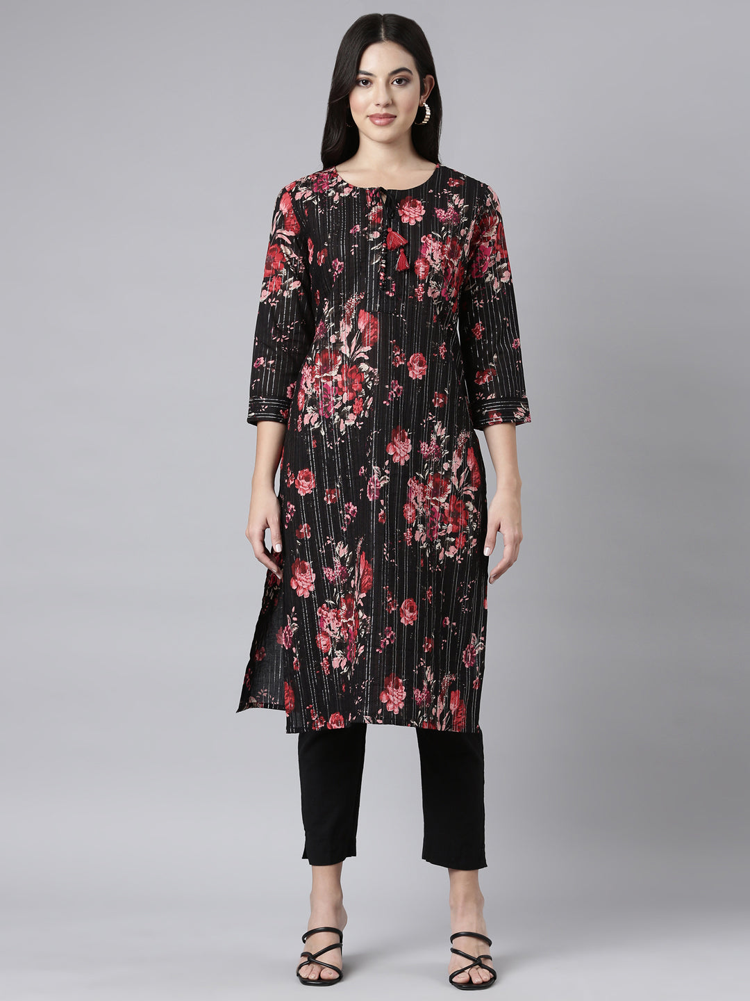 Neerus Black printed floral straight kurti - front view