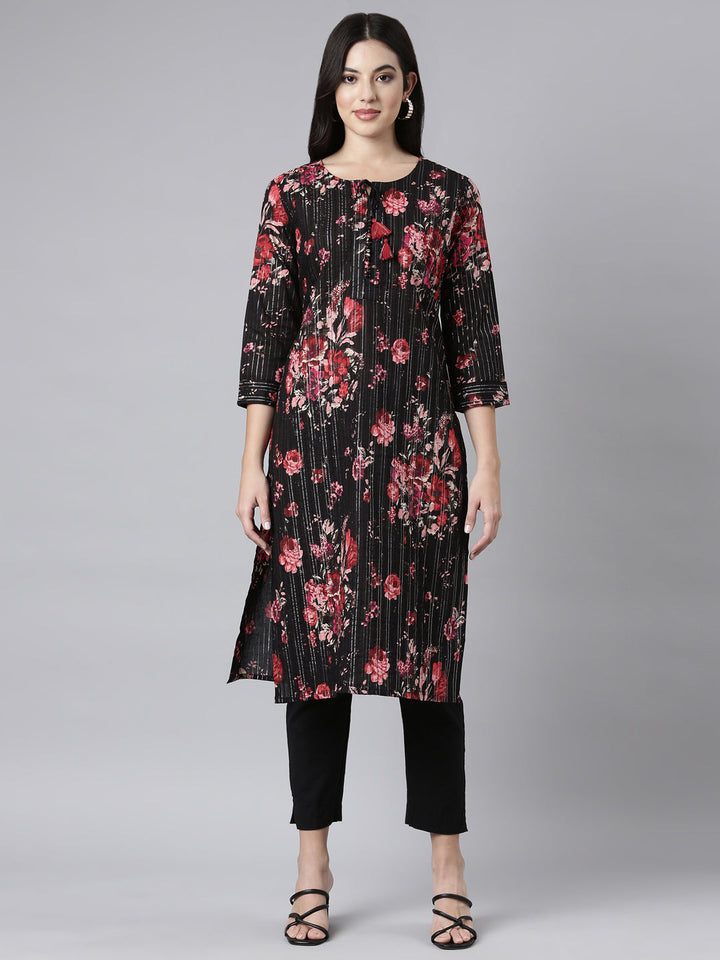 Neerus Black printed floral straight kurti - front view
