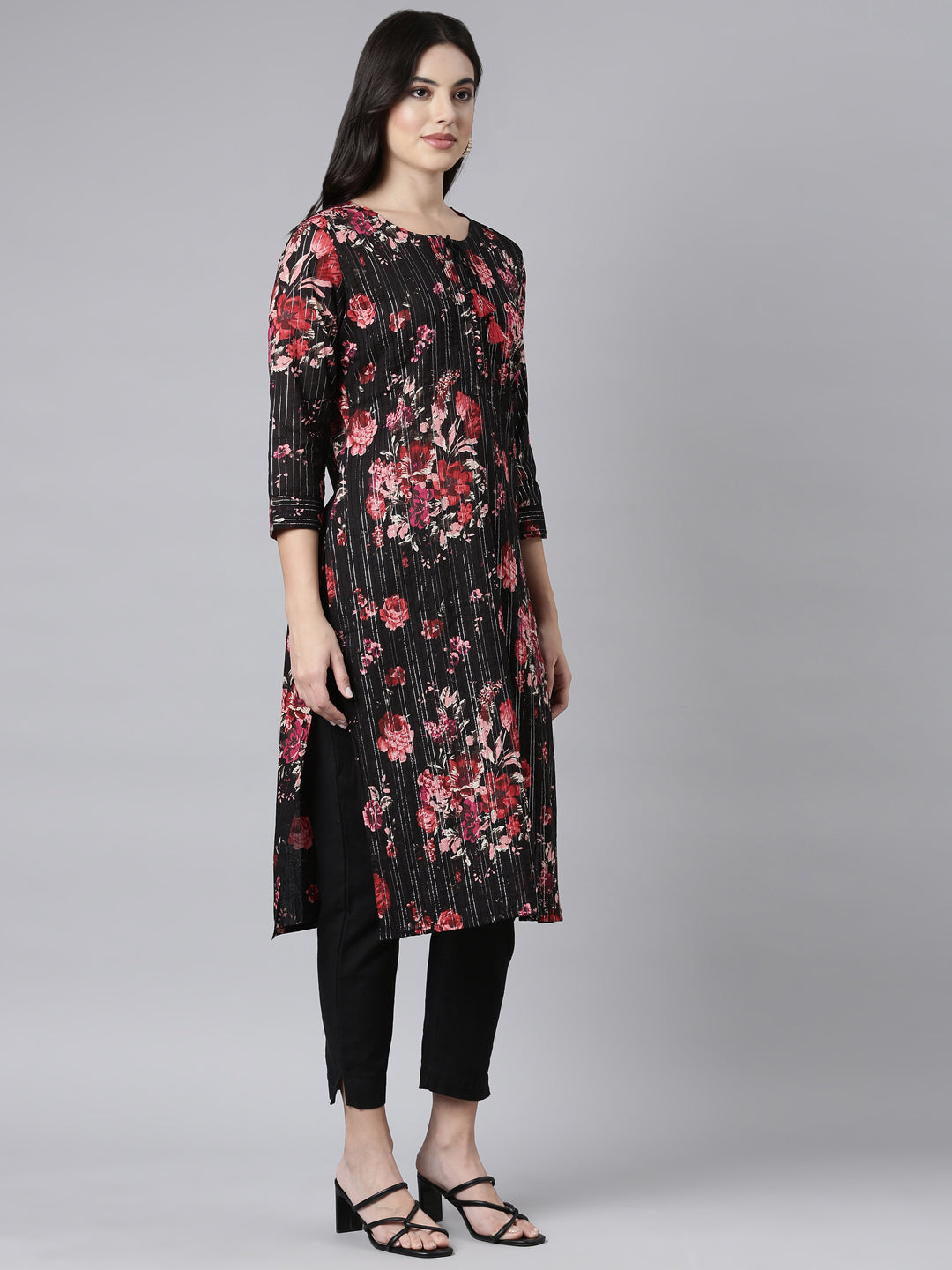 Neerus Black printed floral straight kurti - back view