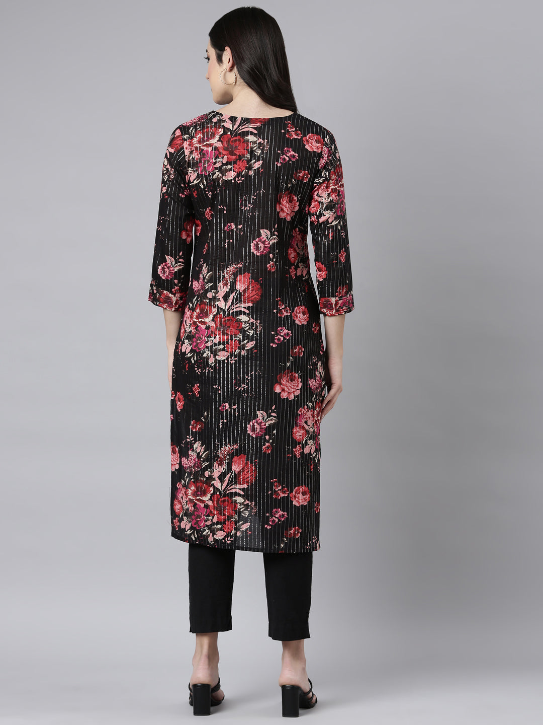 Neerus Black printed floral straight kurti - side view