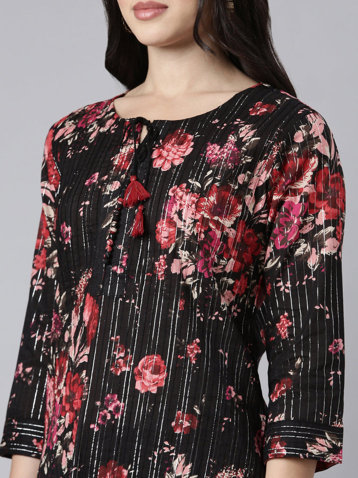 Neerus Black printed floral straight kurti - detail view 1