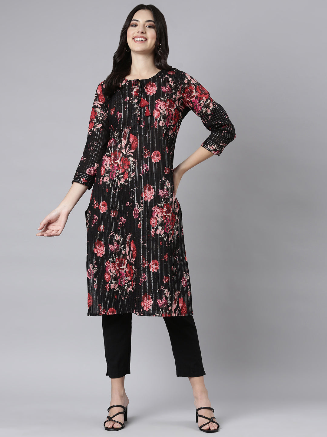 Neerus Black printed floral straight kurti - detail view 2