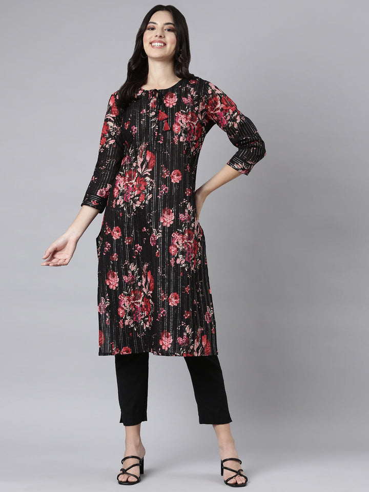 Neerus Black printed floral straight kurti - detail view 2