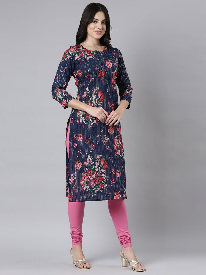 Neerus Blue floral printed straight kurti - back view