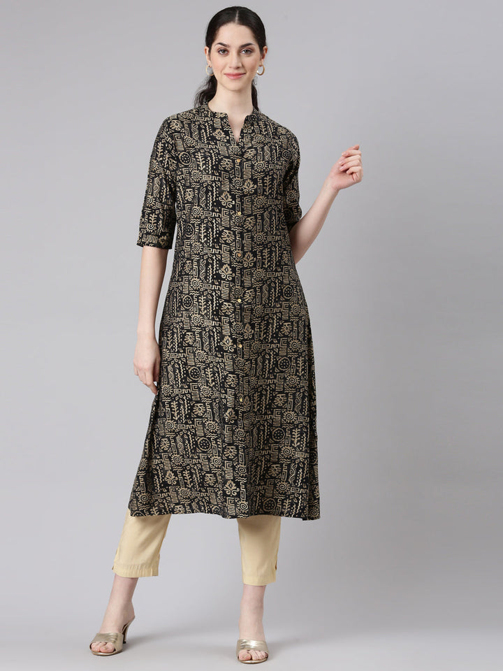 Neerus Black printed straight kurta ethnic wear - front view