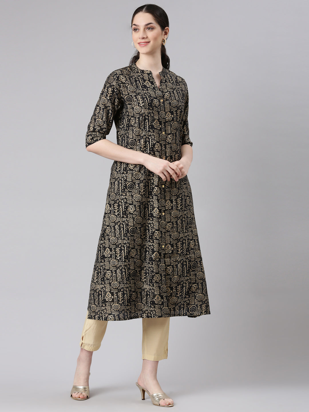 Neerus Black printed straight kurta ethnic wear - back view