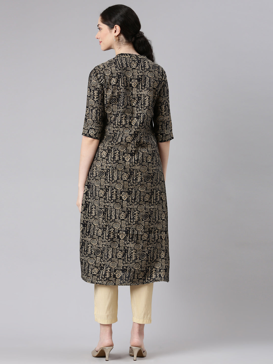Neerus Black printed straight kurta ethnic wear - side view