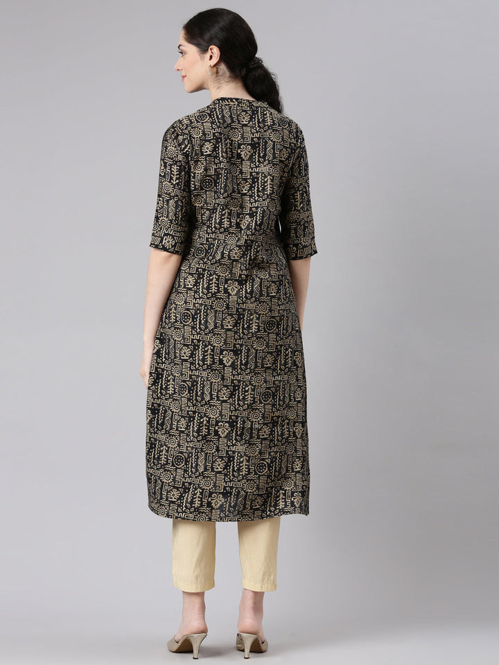 Neerus Black printed straight kurta ethnic wear - side view