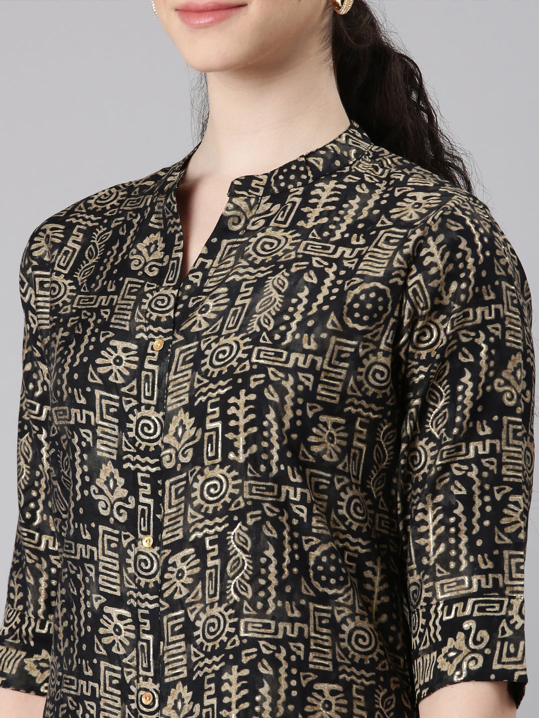 Neerus Black printed straight kurta ethnic wear - detail view 1