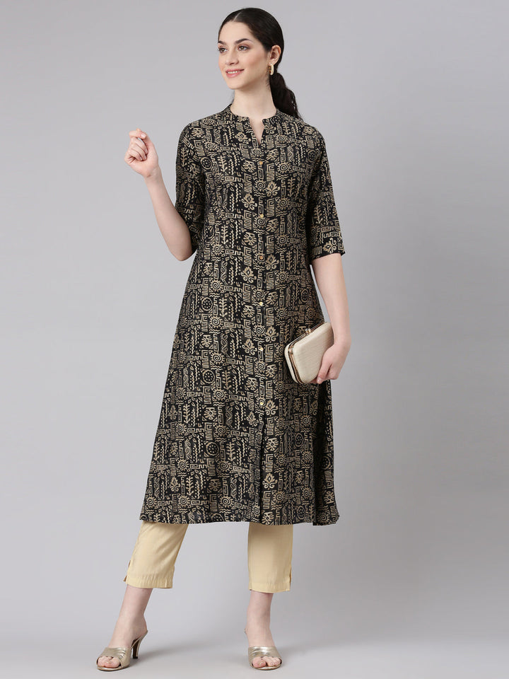 Neerus Black printed straight kurta ethnic wear - detail view 2