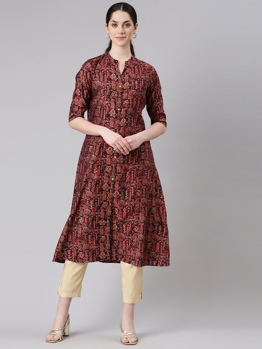 Neerus Maroon printed straight kurta ethnic tribal - front view
