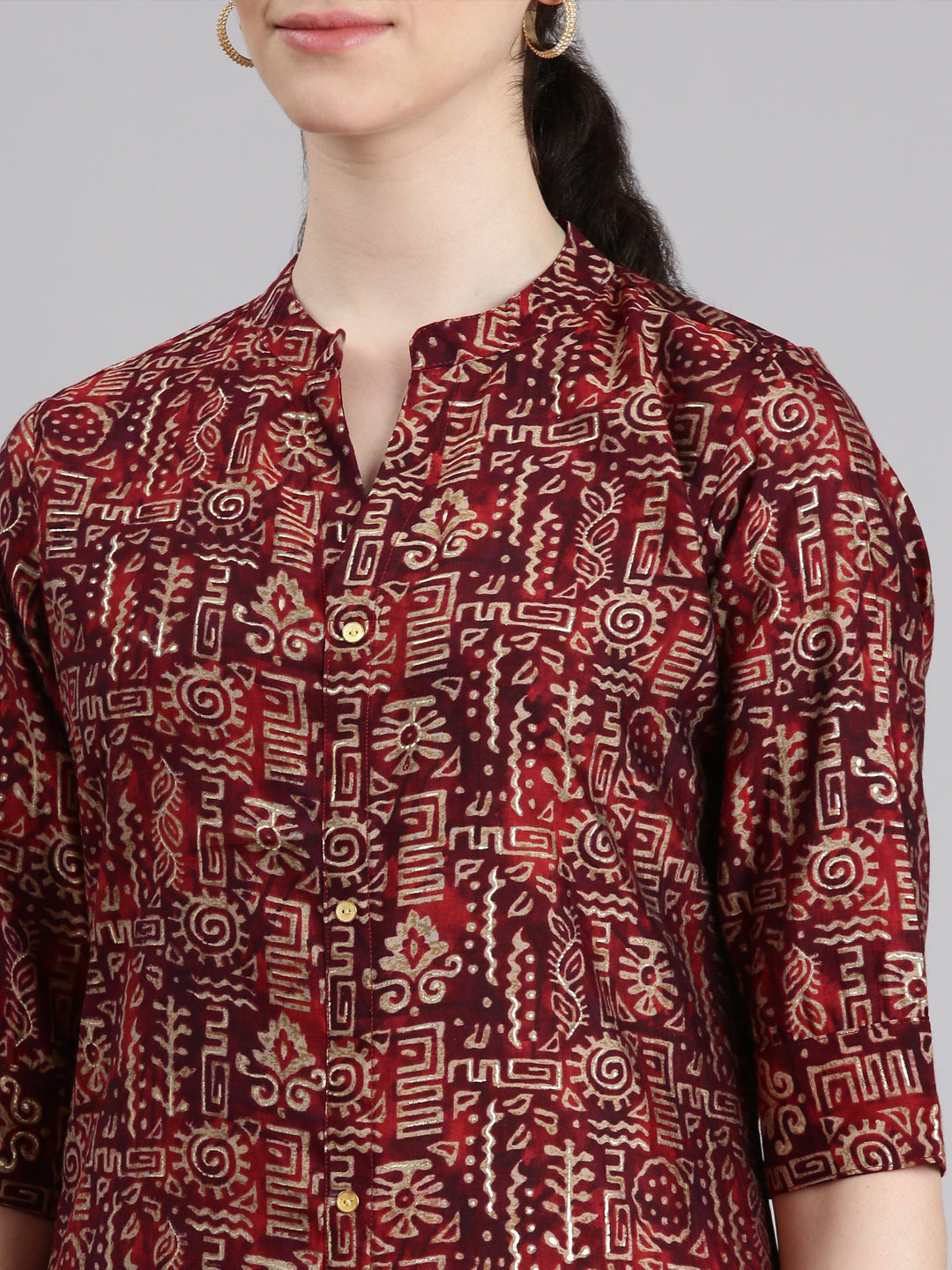Neerus Maroon printed straight kurta ethnic tribal - detail view 1