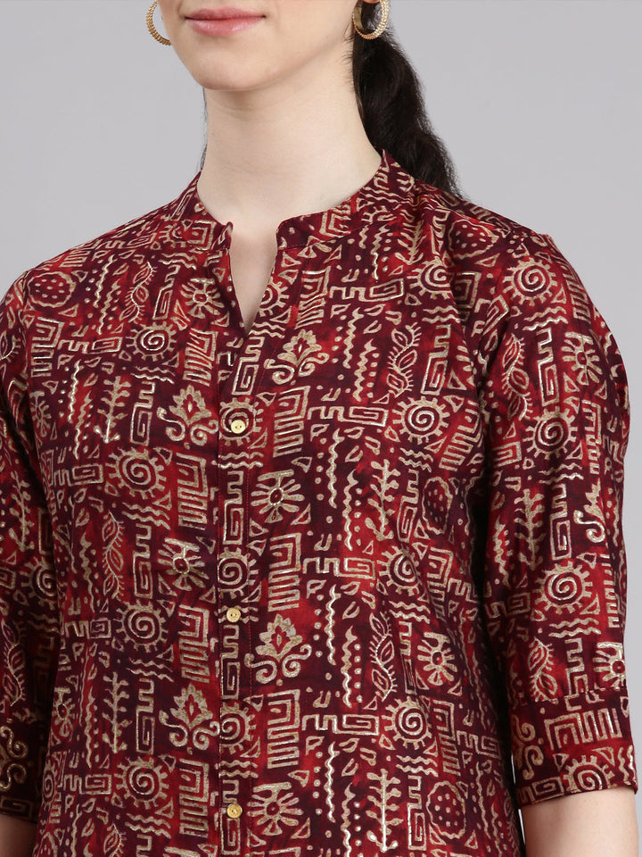 Neerus Maroon printed straight kurta ethnic tribal - detail view 1