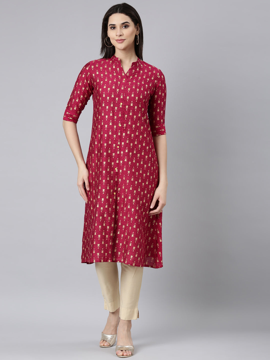Neerus Pink floral printed straight kurti - front view