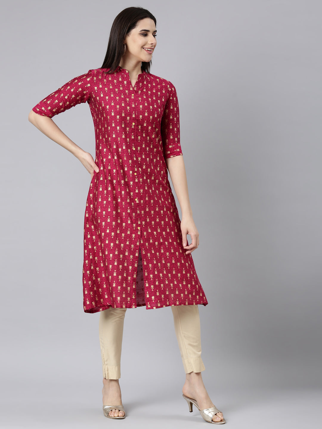 Neerus Pink floral printed straight kurti - back view
