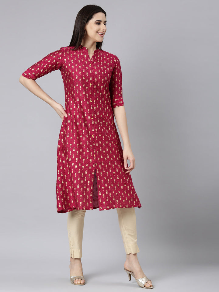 Neerus Pink floral printed straight kurti - back view