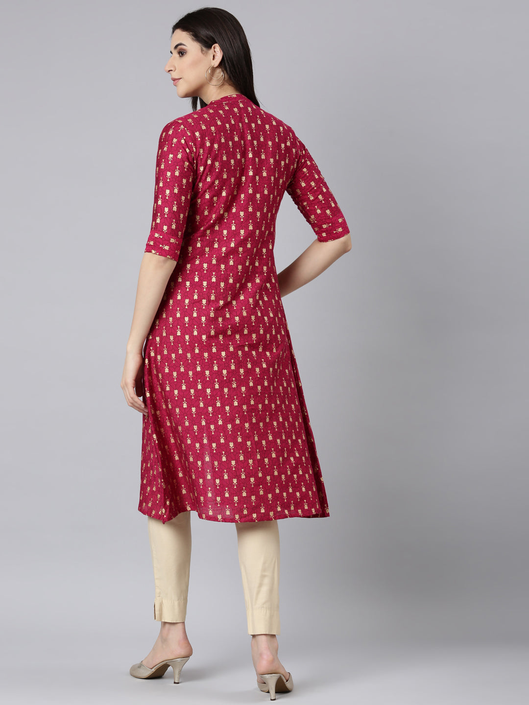 Neerus Pink floral printed straight kurti - side view