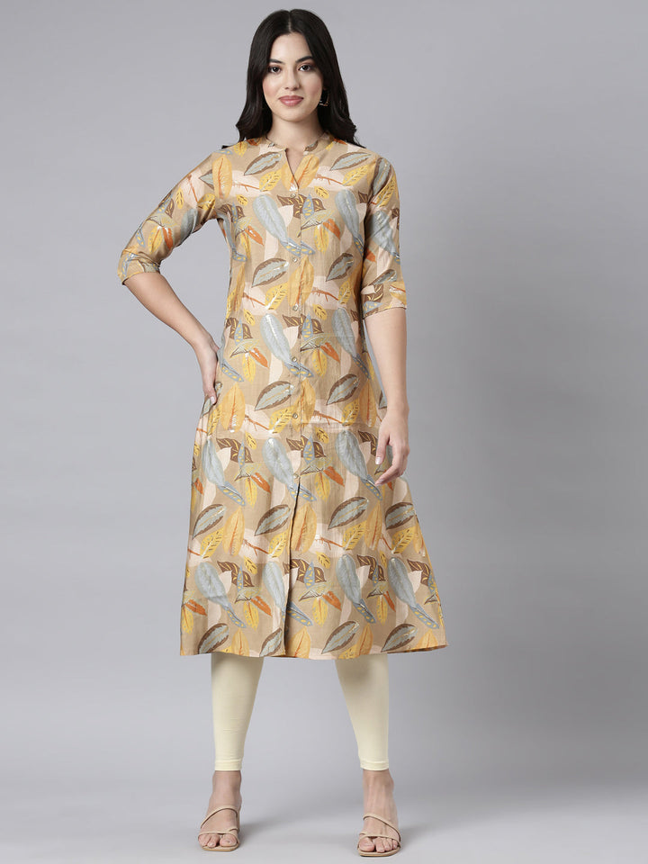 Neerus Beige floral printed straight kurti - front view