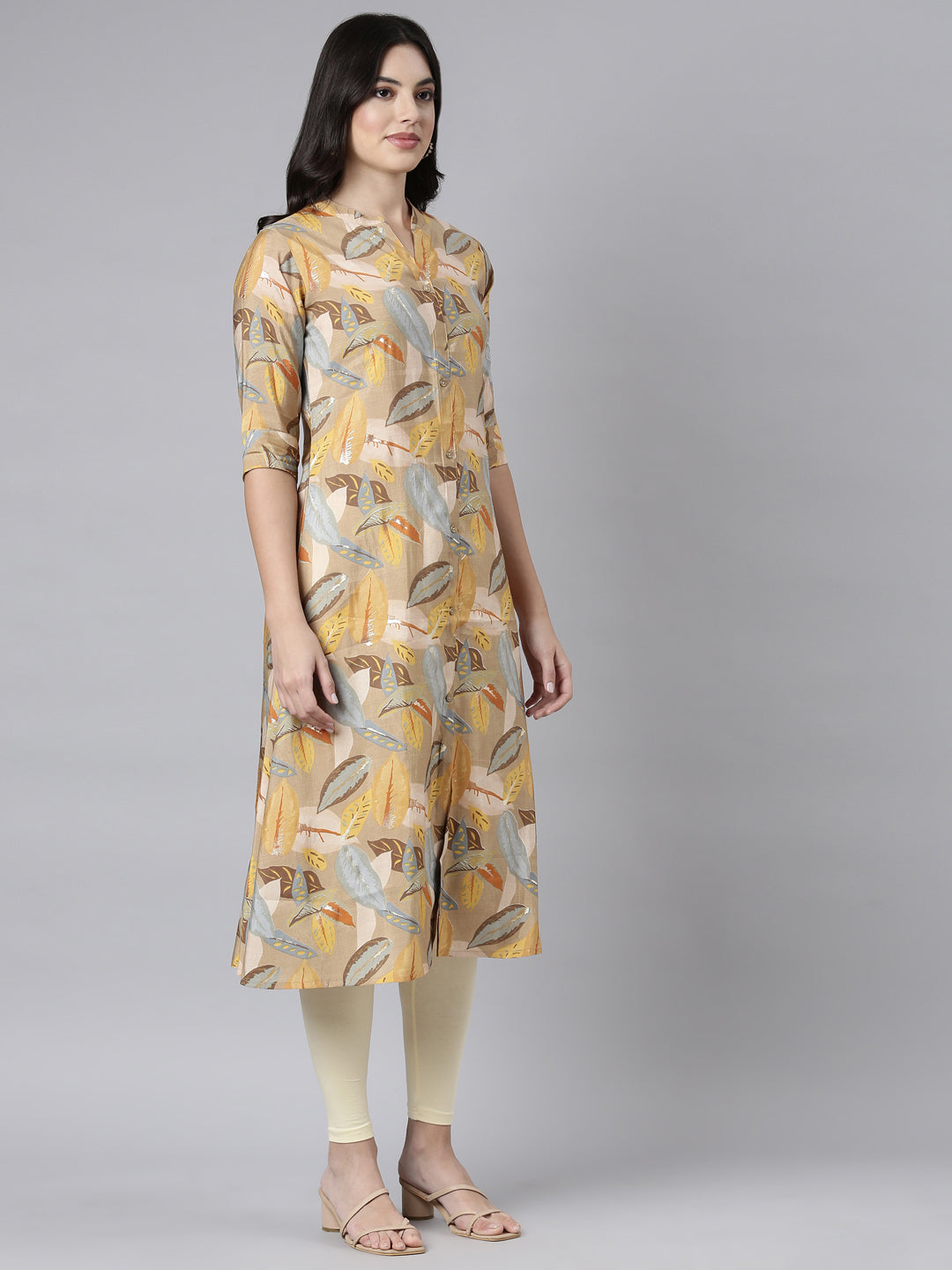 Neerus Beige floral printed straight kurti - back view