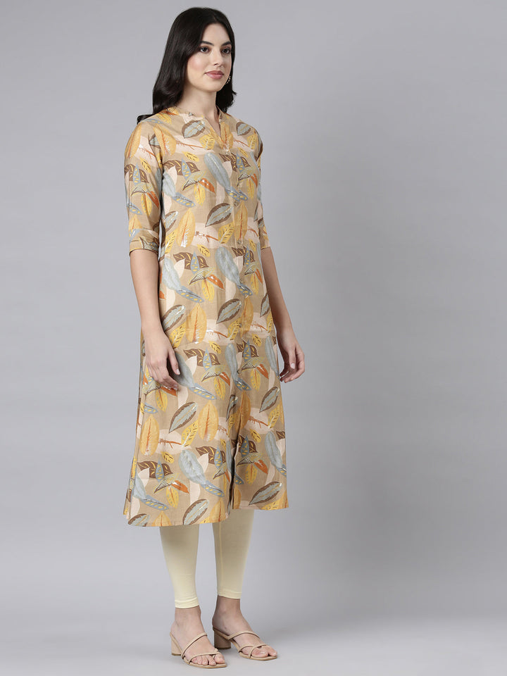 Neerus Beige floral printed straight kurti - back view
