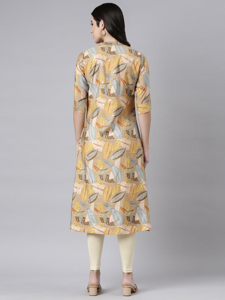 Neerus Beige floral printed straight kurti - side view