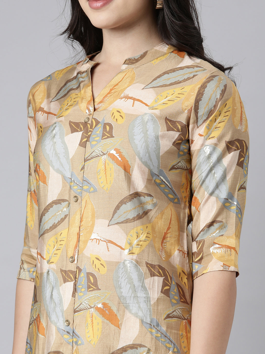 Neerus Beige floral printed straight kurti - detail view 1