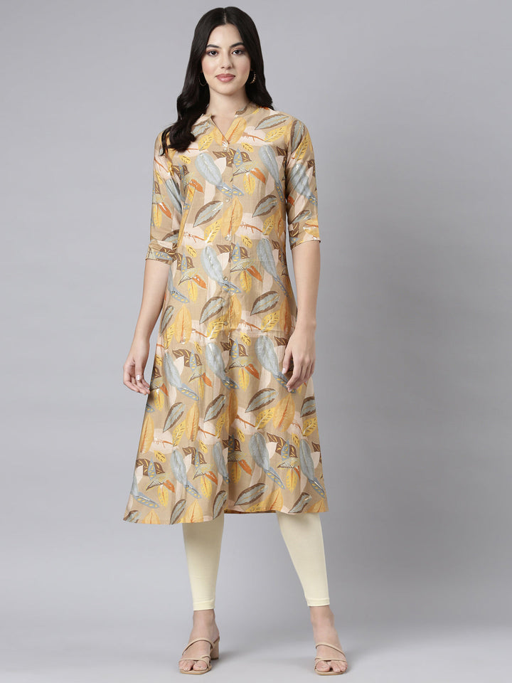 Neerus Beige floral printed straight kurti - detail view 2
