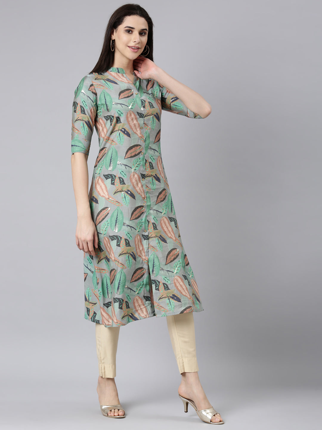 Neerus Grey printed floral straight kurti - back view