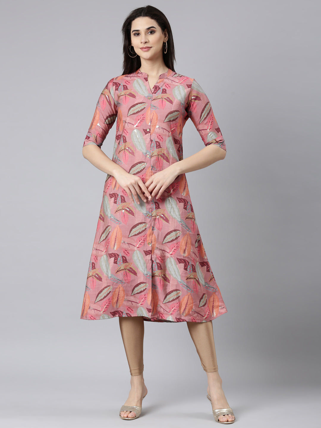 Neerus Pink floral printed straight kurti - front view