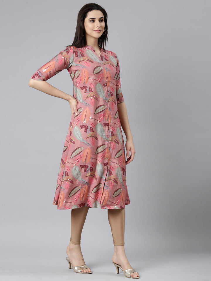 Neerus Pink floral printed straight kurti - back view