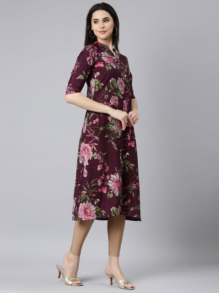 Neerus Purple floral printed straight kurti - back view