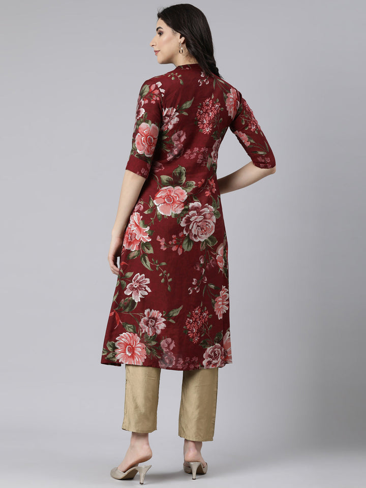 Neerus Maroon floral printed straight kurti - side view