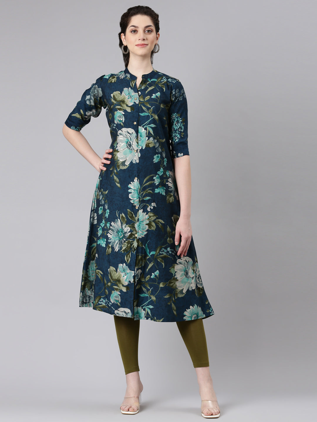 Neerus Blue floral printed straight kurta - front view