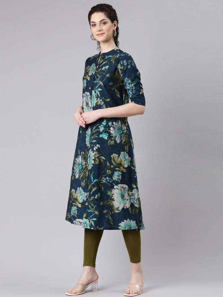 Neerus Blue floral printed straight kurta - back view