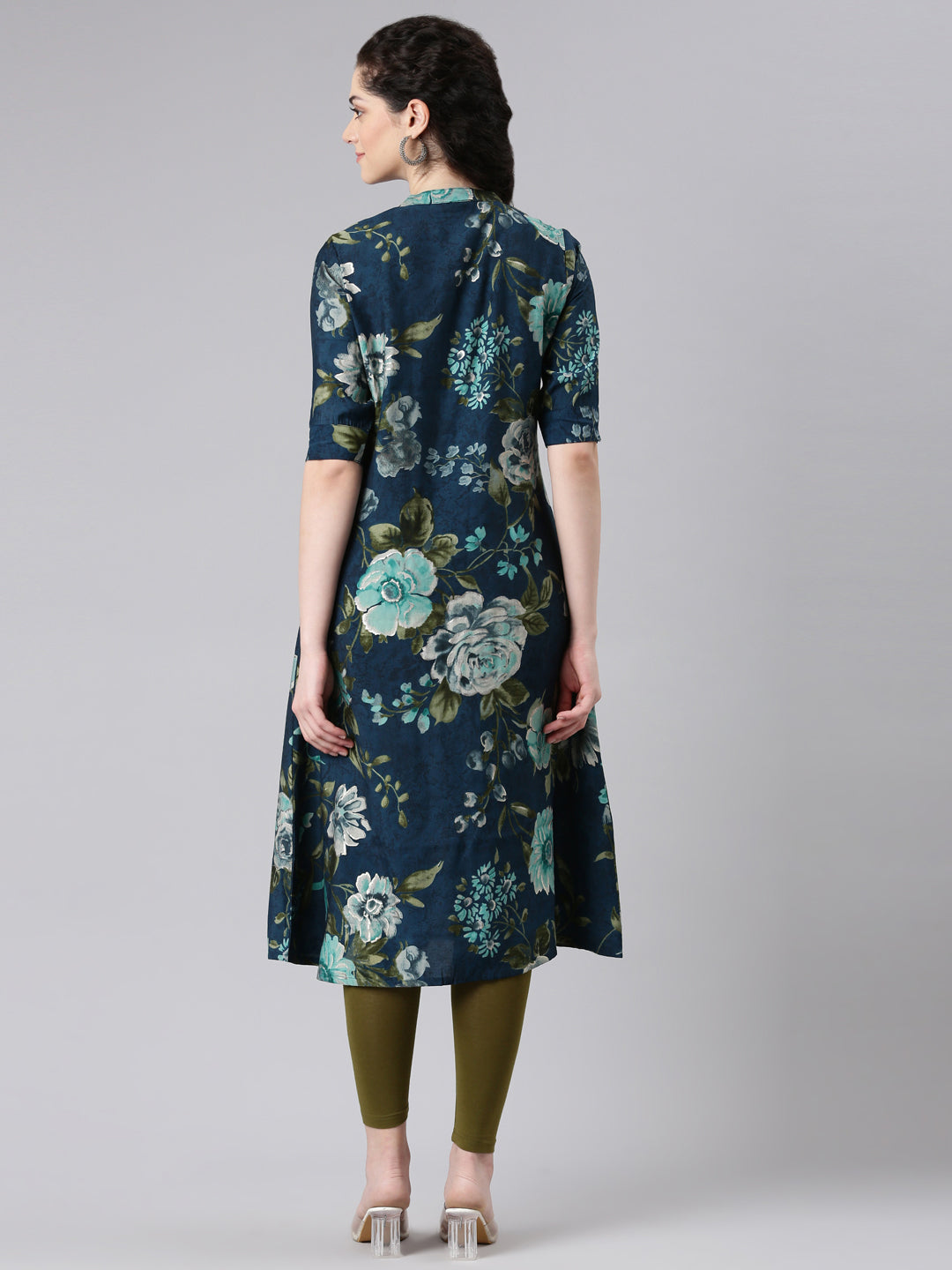 Neerus Blue floral printed straight kurta - side view